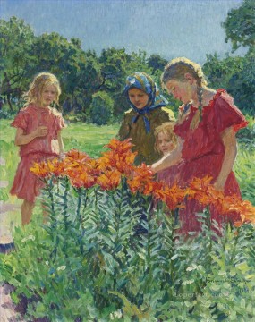 Nikolay Petrovich Bogdanov Belsky Painting - PICKING FLOWERS Nikolay Bogdanov Belsky